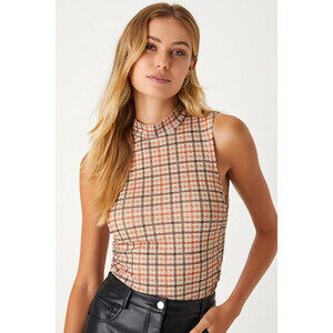 Lulus Classic Cuteness Brown And Orange Houndstooth Mock Neck Bodysuit - Size M